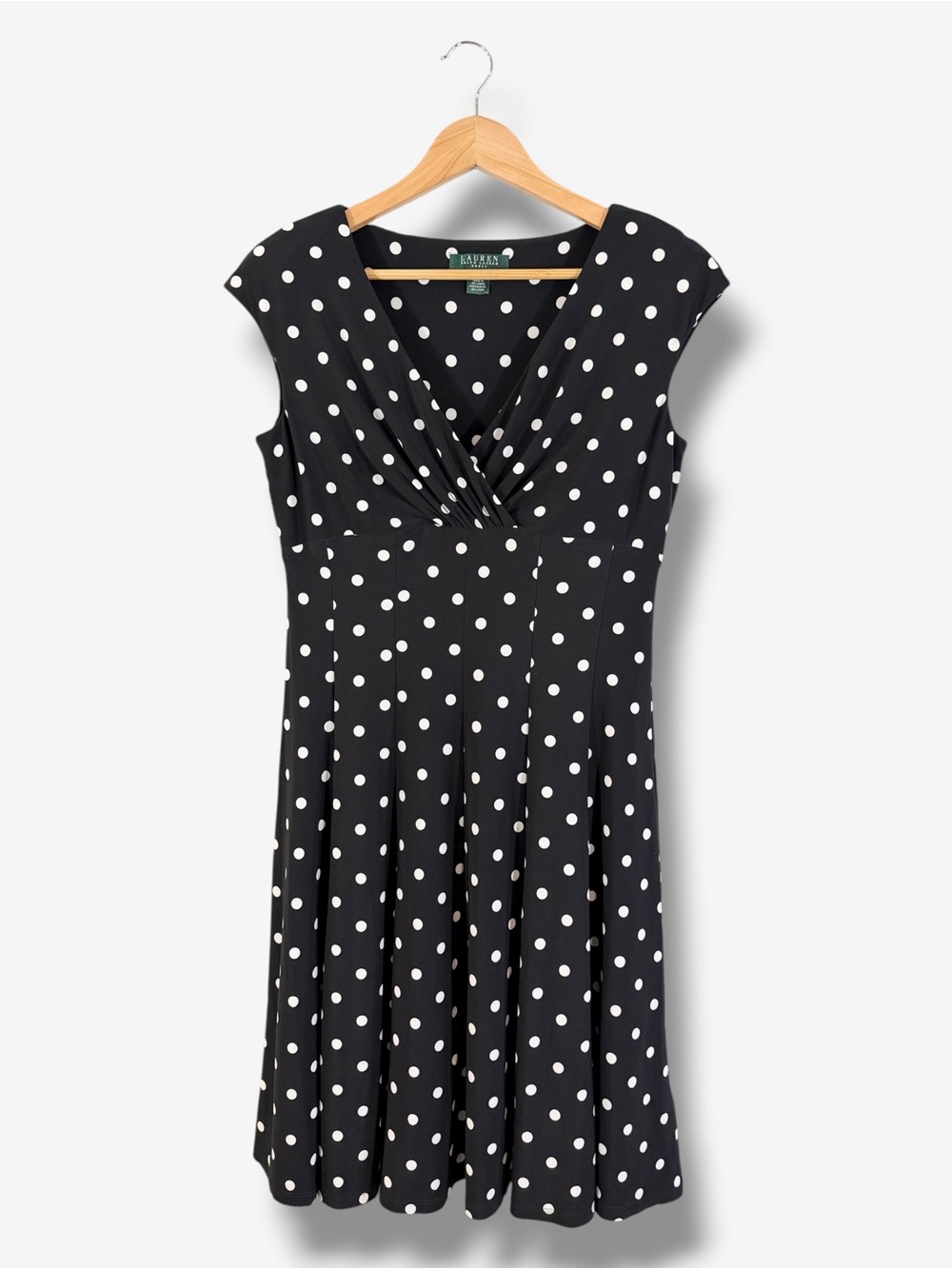 Ralph Lauren Black White Polka Dot Dress Size 8 Fit & Flare Shoulder Pad Preppy